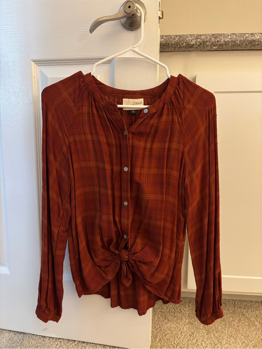 Universal Thread Rust Plaid Button-Down Tie Front Shirt